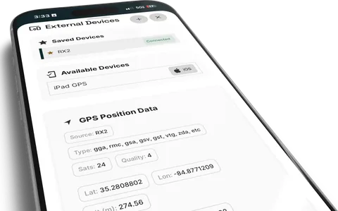 A phone showing a connected external GPS receiver and its live position data.