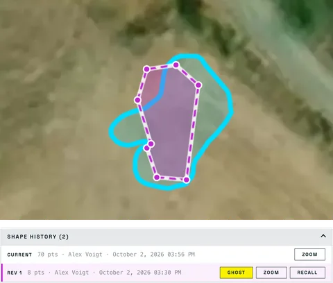A polygon's previous outline shown behind the current one, above its shape history list.